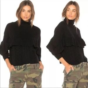 NAADAM Cable Knit Sweater Black Cotton Blend Ruffled Mock Neck Medium